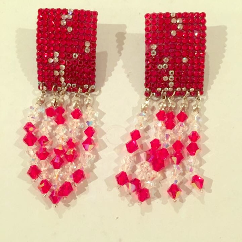 Red, rectangular rhinestone earrings